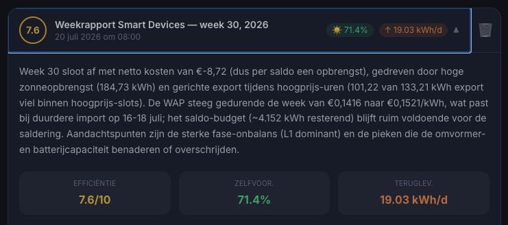 Weekrapport met score, bevindingen en concrete adviezen